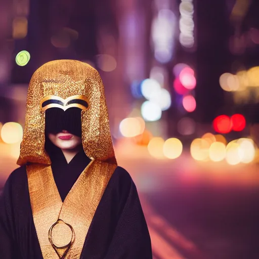 Image similar to japanese female black balaclava mask with golden necklace and open kimono, photo portrait, beautiful female model, tokyosky, female sitting on skyscreapper, rain, city neon light, bokeh, long exposure, kodak promax 4 0 0, sony lens, golden fractals and dmt