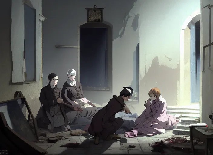 Image similar to 1 8 5 4 crimea, florence nightingale, army hospital in scutari, overcrowded, filthy, blocked drains, broken toilets, rats, wounded soldiers, sleep dirty floor, no blankets, finely detailed perfect art, gapmoe yandere grimdark, trending on pixiv fanbox, painted by greg rutkowski makoto shinkai takashi takeuchi studio ghibli