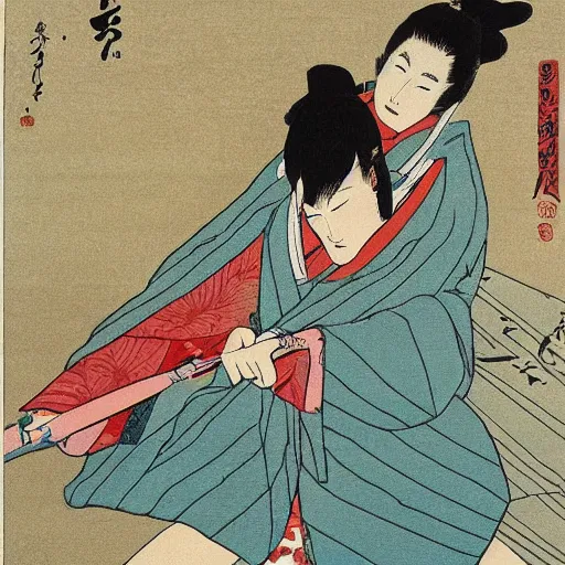 Image similar to Beautiful Japanese woman running from an old samurai on the beach Toshio Saeki, high detailed