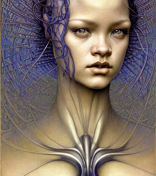 Image similar to detailed realistic beautiful young medieval alien robot rihanna face portrait by jean delville, gustave dore and marco mazzoni, art nouveau, symbolist, visionary, gothic, pre - raphaelite. horizontal symmetry by zdzisław beksinski, iris van herpen, raymond swanland and alphonse mucha. highly detailed, hyper - real, cyberpunk, fractal baroque