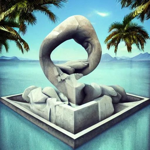 Image similar to geometric 3d masterpiece, hyperrealistic surrealism, award winning masterpiece with incredible details, epic stunning, infinity pool, a surreal vaporwave liminal space, highly detailed, trending on ArtStation, broken giant marble head statue ruins, calming, meditative, pink arches, flowing silk sheets, palm trees, very vaporwave, very very surreal, sharp details, artgerm and greg rutkowski and alphonse mucha, daily deviation, IAMAG