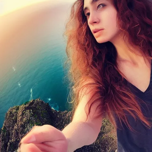 Image similar to Selfie of a beautiful woman with gorgeous flowy hair, standing over a cliff, beautiful volumetric lighting, subsurface scattering!!!!!!, (((((vivid))))) atmosphere, radiant sunshine, trending on artstation, 4k, 8k, artstation portrait imagery, fisheye!!!!! lens, instagram!!!!! selfie!!!!!