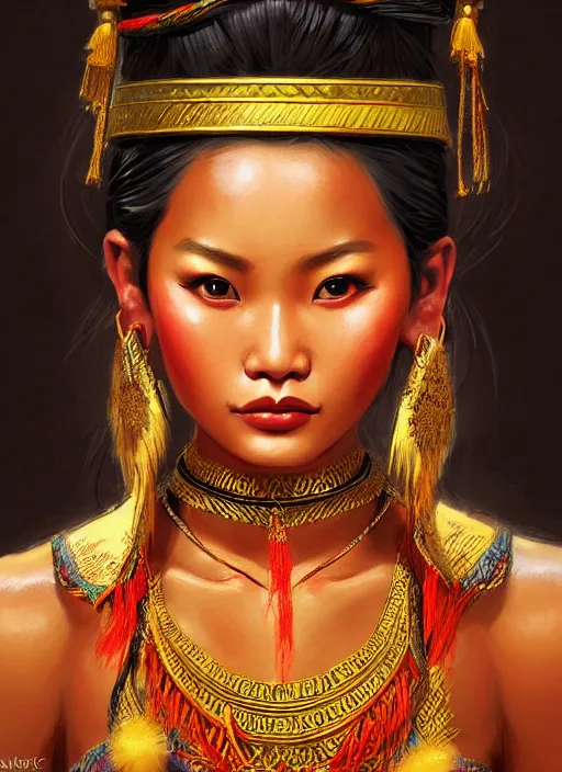 Image similar to portrait of a beautiful female mon ethnic burma, closeup portrait, historical, ethnic group, traditional costume, elegant, loin cloth, highly detailed, oil painting, artstation, concept art, matte, sharp focus, illustration, hearthstone, art by earl norem