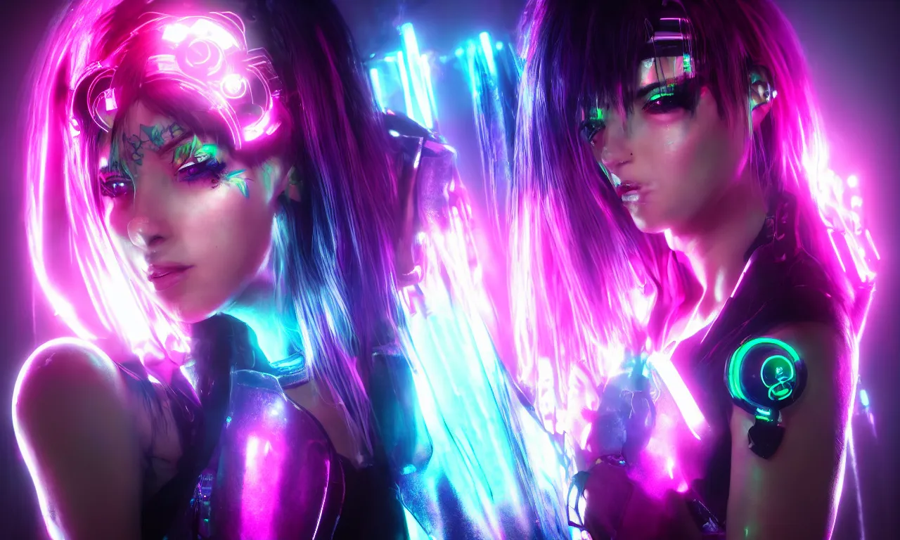 Image similar to neon cyberpunk sailor moon with arm tattoos, 1 / 4 headshot, cinematic lighting, dystopian scifi gear, gloomy, profile picture,