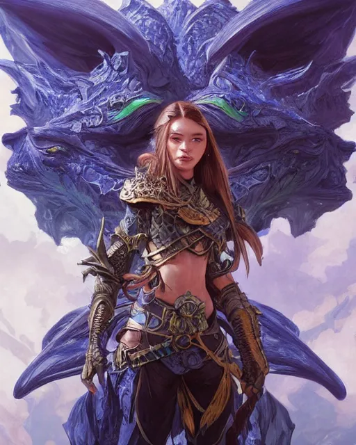 Image similar to Portrait of a Fantasy azure dragon hunter, HD, illustration, epic, D&D, fantasy, intricate, elegant, highly detailed, digital painting, artstation, concept art, smooth, sharp focus, illustration, art by artgerm and greg rutkowski and alphonse mucha, monster hunter illustrations art book