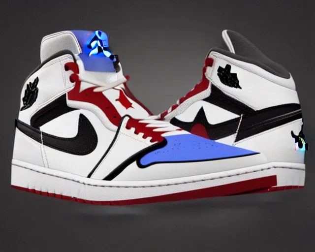 Image similar to 3D render of mid height air jordan sneakers with joker design, cinematic, studio lighting, award winning