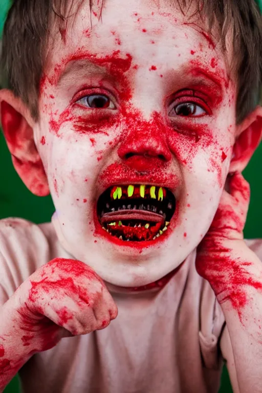 Image similar to A child full of teeth sprouting randomly all over his body except in his rotting mouth, within a room with 3 red windows