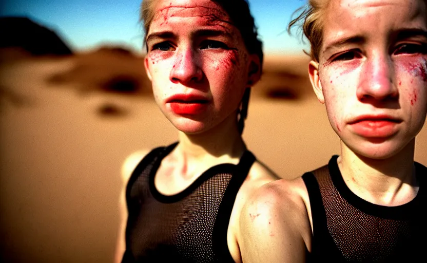 Image similar to cinestill 5 0 d photographic portrait by helen levitt of a white and mixed female android couple wearing rugged black mesh techwear on a desolate plain of america, extreme closeup, modern cyberpunk, dust storm, 8 k, hd, high resolution, 3 5 mm, f / 3 2, ultra realistic faces, intricate detail, ex machina