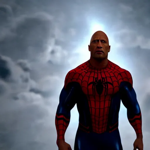 Prompt: dwayne johnson as a black and blue suit spider - man, cinematic, volumetric lighting, f 8 aperture, cinematic eastman 5 3 8 4 film, photorealistic