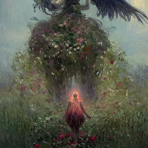 Image similar to a gigantic beautiful terrifying monster made of flowers looms over a tiny human. ethereal horror fantasy art by greg rutkowski and magali villanueve and monet