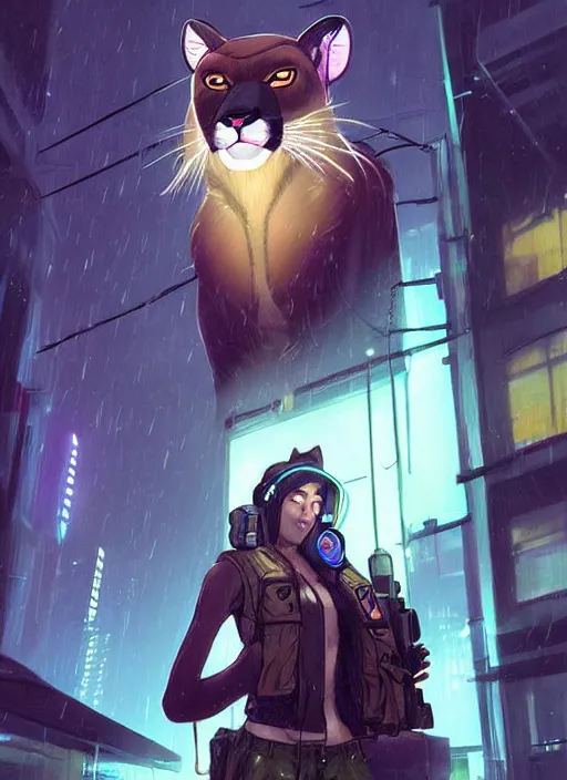 Image similar to beautiful portrait commission of a female furry anthro mountain lion wearing a bullet proof vest and cargo pants. Cyberpunk city at night in the rain. Neon light. Atmospheric. Character design by charlie bowater, ross tran, artgerm, and makoto shinkai, detailed, inked, western comic book art