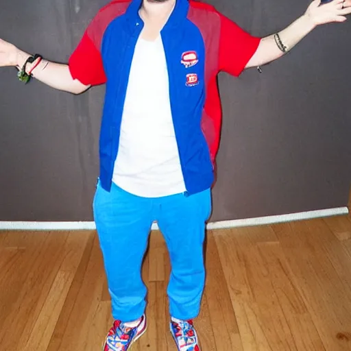 Image similar to a full body shot of an average white, short young - adult man with blue dyed hair holding a microphone, wearing a red backwards cap, white t - shirt with a red no symbol on it, blue long pants and red shoes