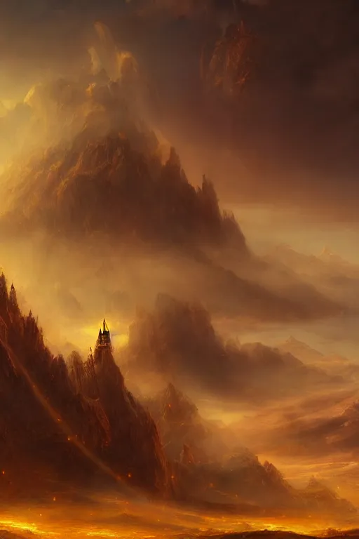 Image similar to breathtaking detailed soft painting of a dozens of flying swords of light, in golden clouds above a desert castle, strokes of mist and scarlet ribbons, german romanticism style, volumetric lighting, concept art, matte, sharp focus, art by celestialfang, matchach, juanmao, dustin panzino, trending on artstation