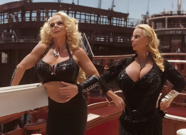 Prompt: movie still of coco austin, standing on the upper deck outside, titanic ship exterior, directed by Quintin Tarantino