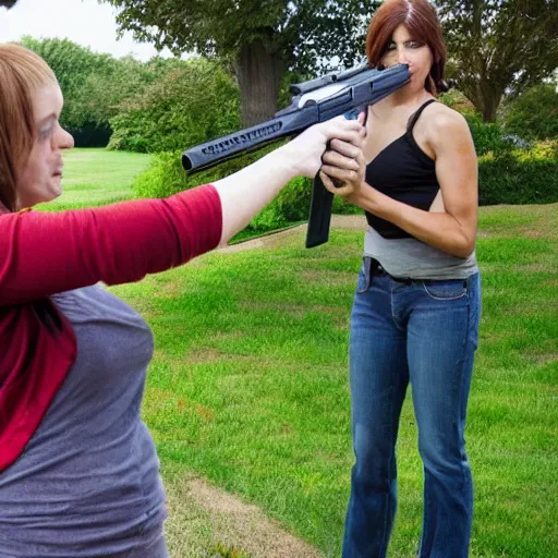 Prompt: a well endowed suburban mom shooting a handgun at giant squirrels in her front yard, high quality, photo,