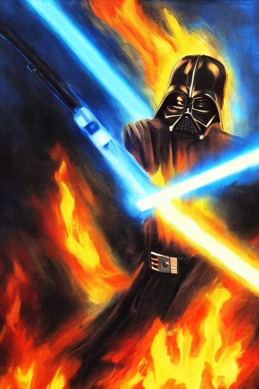 Image similar to anakin skywalker emerging from a ocean of flames. he is wearing darth vader's suit. he has a lightsaber in his right hands and clenches the left hand as a fist. detailed portrait. oil painting. motion blur. visible brushstrokes