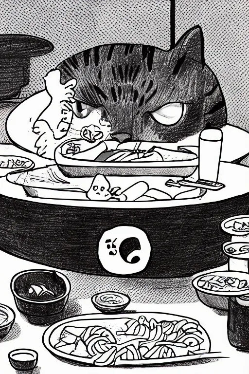 Prompt: drawing of a cat eating korean bbq by matt groening