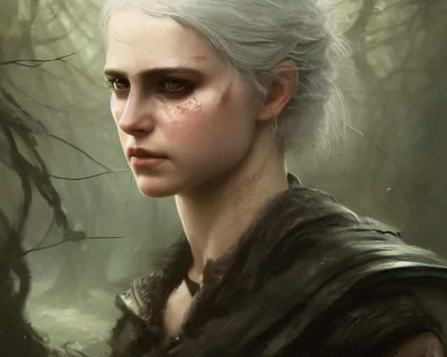 Image similar to 5 5 mm portrait photo of a real life tough looking battle hardened ciri with a thin face and a large scar across her left cheek, in a magical forest. dark atmosphere. art by greg rutkowski. highly detailed 8 k. intricate. lifelike. soft light. nikon d 8 5 0.