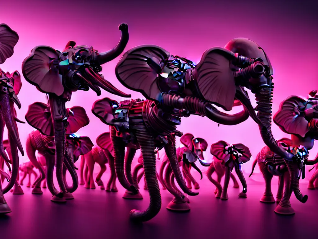 Image similar to a crowd of antropomorphic pink elephants playing steampunk musical instruments in a grindcore show, futuristic, cyberpunk, biomechanical, xenomorphic, photorealistic, ultra detailed, 4 k, chomatic aberration, dof
