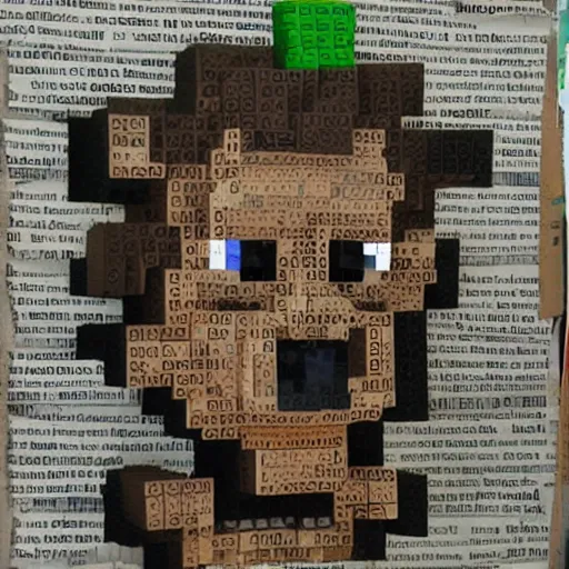 Prompt: steve from minecraft made with pieces of newspaper