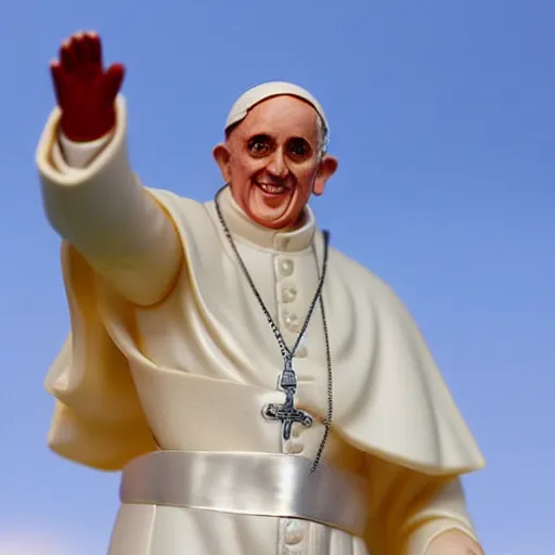 Image similar to action figure of pope francis. advertising photograph, photographic, hyperreal, 3 5 mm