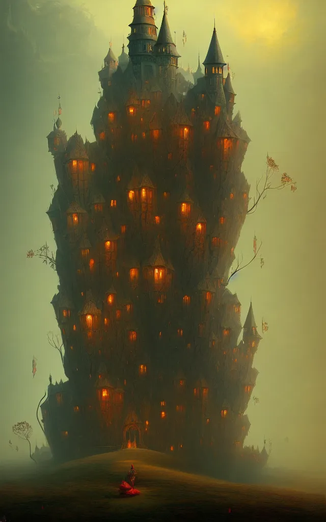 Image similar to a beautiful dark vintage abstract castle by Raja Ravi Varma and Gediminas Pranckevicius, trending on ArtStation.