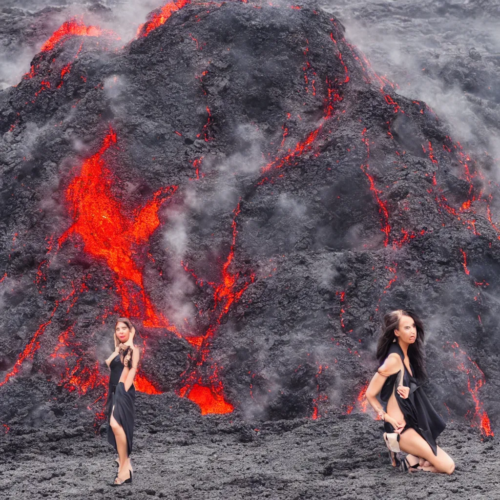 Prompt: fashion portrait in erupting volcano lava. wide angle shot. highly detailed.