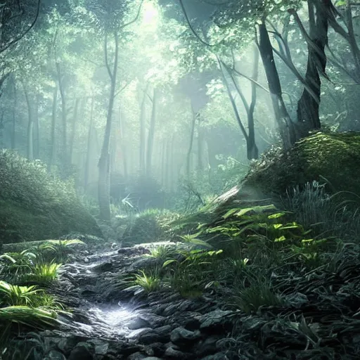 Image similar to beautiful illustration of a forest, highly detailed, crystal lighting, hyperrealistic, unreal engine, magical