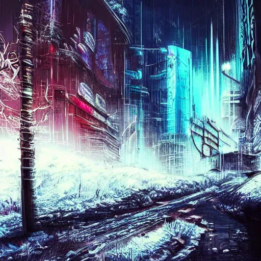 Image similar to mystic winter landscape, cyberpunk, vivid colors, post apocalyptic