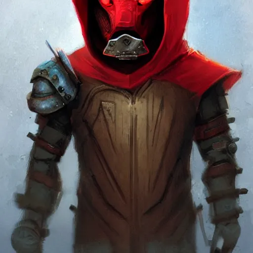 Image similar to Anthropomorphic Pig in a red hood by rossdraws,greg rutkowski,and Sarah Andersen,ambient style, very detailed,detailed armor,detailed helmet