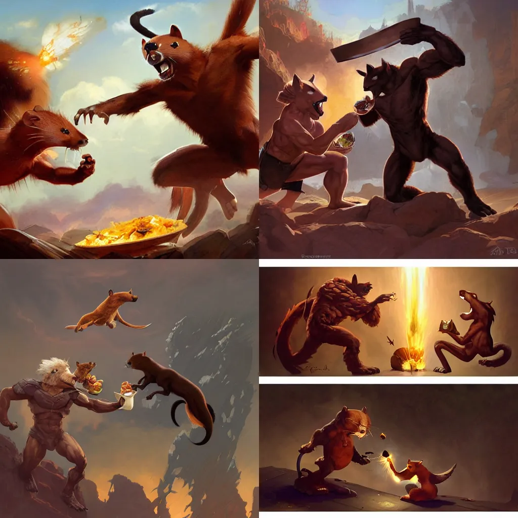 Prompt: A digital painting of a Foc and a Marten arguing over food , by Stanley Artgerm Lau, frank frazetta, Rossdraws, James Jean, gerald brom, Andrei Riabovitchev, Marc Simonetti, and Sakimichan, trending on artstation, SFW version