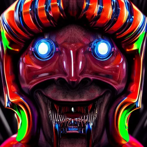 Image similar to chrome jester, glossy, metallic, neon, symmetrical, tribal patterns, realistic, unreal engine, octane, redshift, artstation, behance