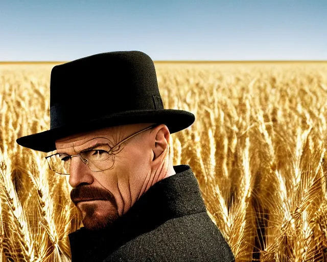 Image similar to extreme long shot of walter white wearing a black hat facing gustavo fring from a distance in a wheat field, insanely detailed, low angle, side view, perfect angle, 8 5 mm photograph, 8 k resolution, wide shot, sharp lens, cinematic
