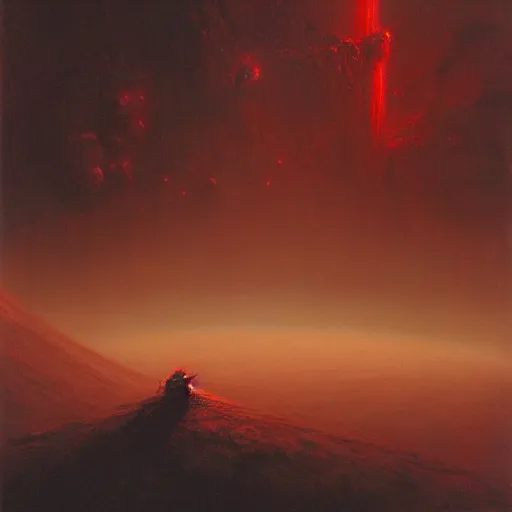 Image similar to an epic sci-fi cosmic horror landscape, by Beksiński and Rutkowski, horror, cosmic horror, blood, red, space, unknown, dark, cyberpunk, cinematic, 8k