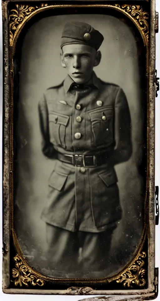 Image similar to a wet plate photograph, a portrait of a young soldier