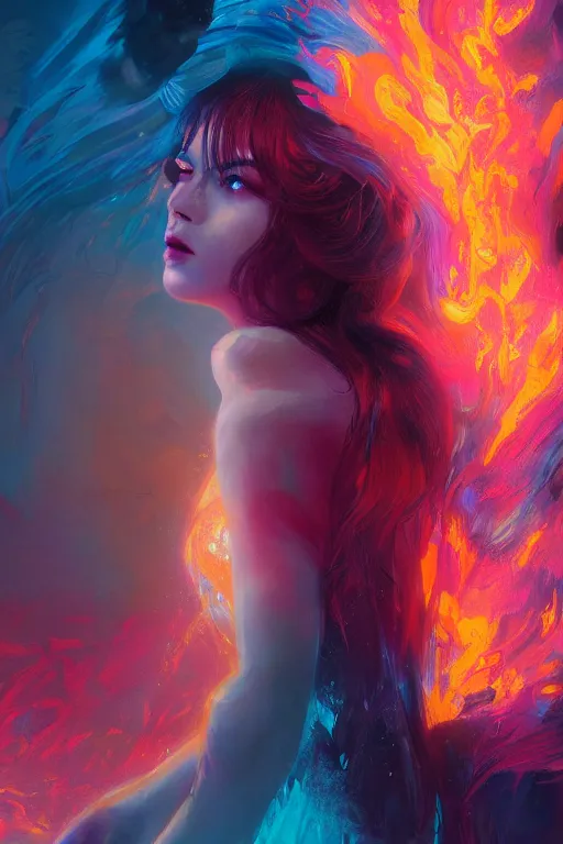 Image similar to a beautiful portrait of a goddess women engulfed in deep colourful flames by Greg Rutkowski, Sung Choi, Mitchell Mohrhauser, Maciej Kuciara, Johnson Ting, Maxim Verehin, Peter Konig, Bloodborne , 8k photorealistic, cinematic lighting, HD, high details, atmospheric , trending on artstation