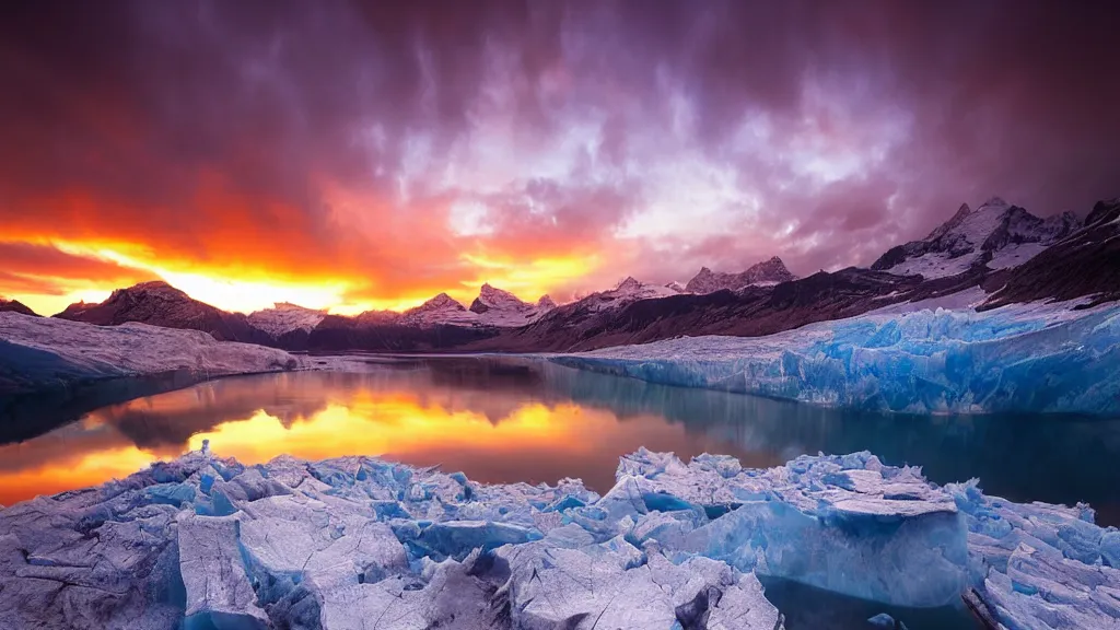 Image similar to amazing landscape photo of a glacier with lake in sunset by marc adamus, beautiful dramatic lighting