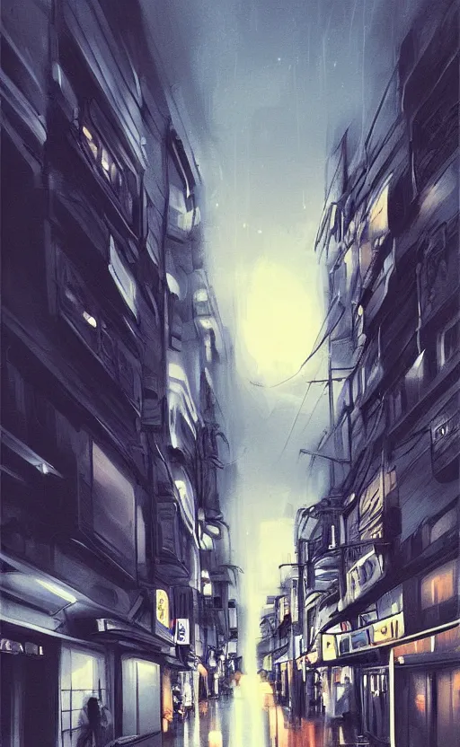 Prompt: tokyo street, lighting, dark sky by artgerm