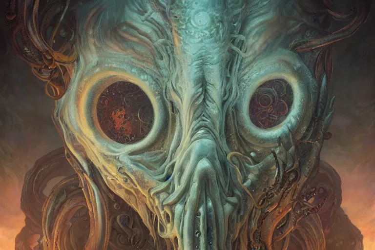 Image similar to a lovecraftian painting of cthulhu face of cosmic horror, cosmic horror elements, ultra realistic, concept art, intricate details, eerie, highly detailed, photorealistic, octane render, 8 k, unreal engine. art by artgerm and greg rutkowski and alphonse mucha