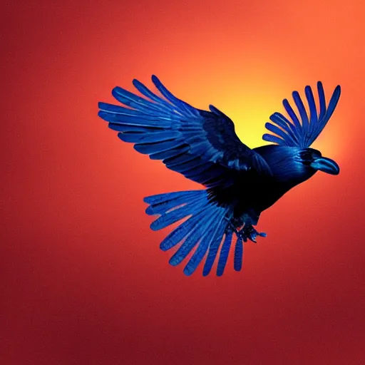 Prompt: blue raven flying on a red sky, realistic