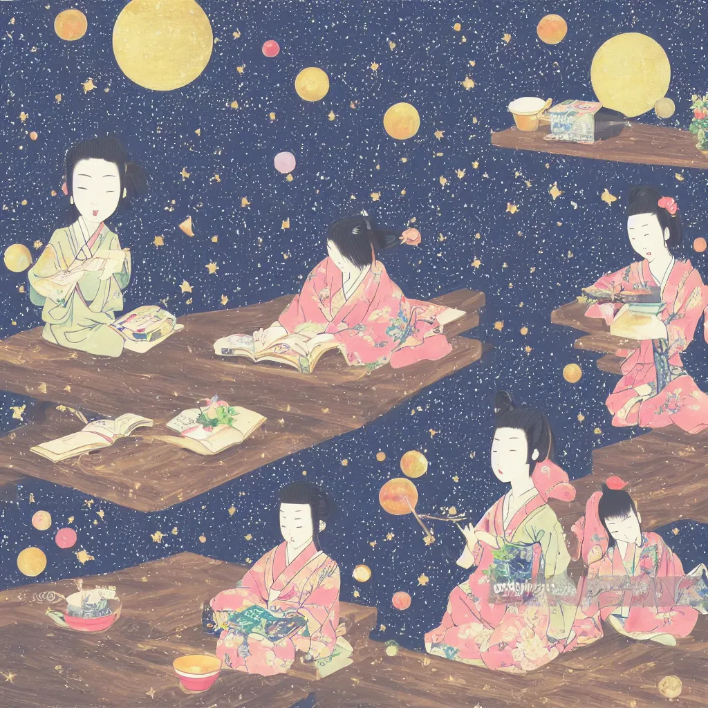 Prompt: Japanese style picture of two sisters reading a book and drinking herbal tea made with celestial fluids in the balcony covered with plant pots which opens up to celestial sky filled with galaxies and planets. A small while do sitting beside them. Scented candles lit around them. Highly detailed. Celestial. Satisfying.