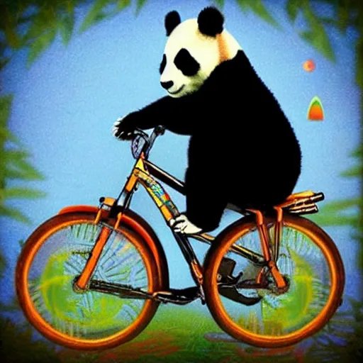 Image similar to “dmt ayahuasca dream of a panda riding an unicycle, psychedelic”