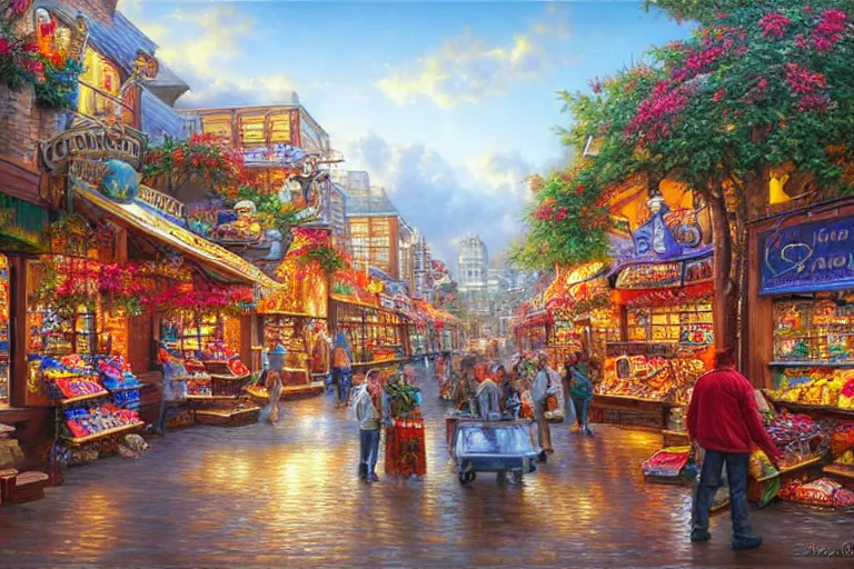 Prompt: a shopping street made completely from different kinds of candy, created by Mark Keathley