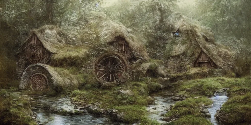 Image similar to a small surreal serene fantasy village on the edge of the woods, small stream, water wheel, by alan lee, lord of the rings, smooth, detailed terrain, oil painting, matte painting, concept art, trending on artstation