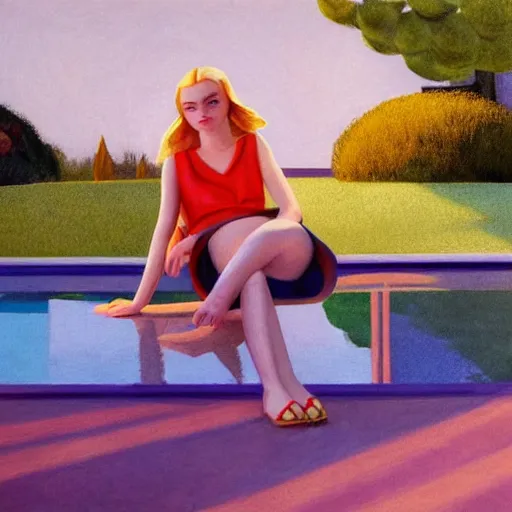 Prompt: Elle Fanning, next to a pool, golden hour, in a garden, artstation, in the style of Art Deco and Edward Hopper