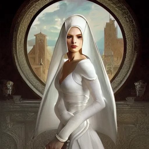 Image similar to portrait of a young woman wearing an elegant white dress and a knight helmet, scared, intricate, headshot, highly detailed, digital painting, artstation, concept art, sharp focus, cinematic lighting, illustration, art by artgerm and greg rutkowski, alphonse mucha, cgsociety