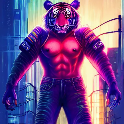 Image similar to a beautfiul award winning commission portrait of an anthro tiger in the neon cyberpunk city at night,wearing a leather jacket,glow effect,detailed face,photorealistic,character design by charles bowater,ross tran,deviantart,artstation,digital art,hyperdetailed,realistoc,western comic style,vfx,dramatic