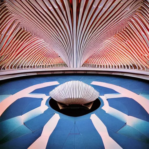 Image similar to futuristic lotus temple space station with gold, red and white marble panels, by santiago calatrava and buckminster fuller and syd mead, intricate contemporary architecture, photo journalism, photography, cinematic, national geographic photoshoot