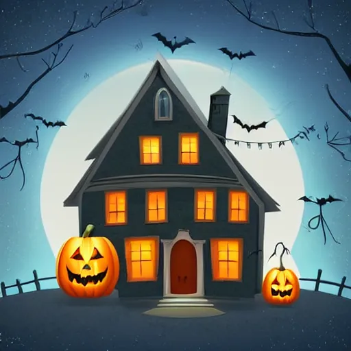 Prompt: very cute adorable digital Illustration of a Halloween house on a round small hill. Glaring lights coming out of the windows. backlit house, moon shining onto the house. Cinematic lighting, movie poster. Award winning digital illustration trending on artstation. art nouveau in the style of Émile Gallé. Very detailed and beautiful digital art