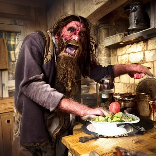 Image similar to british magical hobo breaks into some ork's kitchen and attacks them, orc kitchen, 4 k, detailed, real life photo